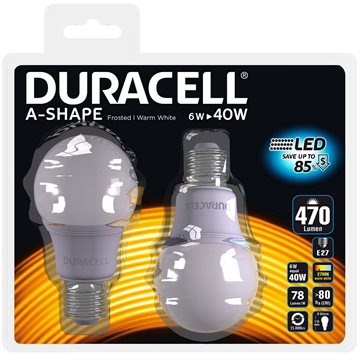 Duracell® LED-pære E27 470 lumen 2 stk. A47F2N27B2